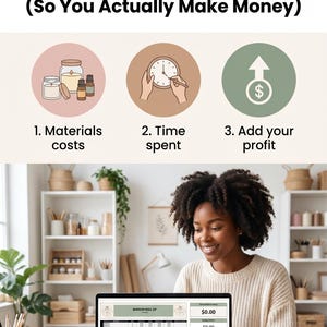 May include: An educational graphic titled How to Price Your Handmade Products (So You Actually Make Money) with three icons representing materials costs, time spent, and profit, followed by a laptop screen displaying a margin roll up spreadsheet.
