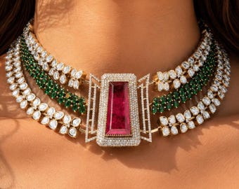 Polki Necklace Red Indian Green Jewelry Moissanite Polki Diamond Kundan Choker Sabyasachi Inspired Set