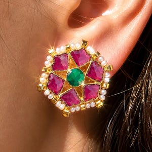 Indian Stud Earrings Emerald Ruby Gold Plated Antique Jewelry South India Jewellery Temple Earring