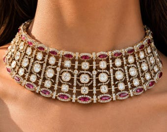 Pink Polki Jewelry Gold Indian Necklace Moissanite Polki Diamond Kundan Ruby Choker Sabyasachi Inspired