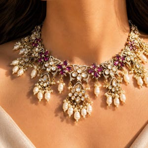 Sabyasachi Jewelry Polki Necklace Pink Ruby Kundan Pendant Moissanite Polki Diamond Wedding Jadau Choker