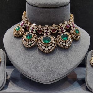 Emerald Doublet Polki Jewelry Red Indian Necklace Moissanite Polki Diamond Kundan Choker Sabyasachi Inspired