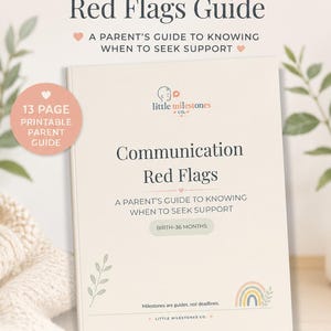 Könnte beinhalten: Ein 13-seitiger, druckbarer Elternratgeber mit dem Titel Communication Red Flags Guide für Kinder von 0 bis 36 Monaten. Das Cover enthält den Text Communication Red Flags, A Parent's Guide to Knowing When to Seek Support und das Branding von Little Milestones Co.