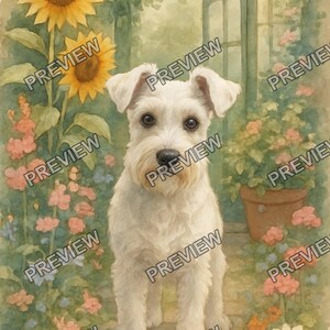 以下が含まれることがあります： 庭に立つ白いシュナウザー犬の水彩画風イラスト。犬の周りには黄色いヒマワリ、ピンクの花、テラコッタの鉢が描かれています。画像全体に半透明のフォントで「PREVIEW」という文字が繰り返し配置されています。