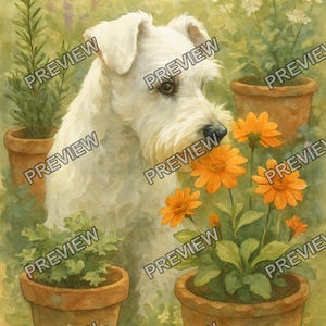 May include: A watercolor-style illustration of a white dog with a black nose, positioned among several terracotta pots containing green plants and bright orange flowers. The word PREVIEW is repeated multiple times across the image surface.