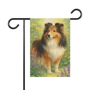 Sable Shetland Sheepdog trädgårdsflagga | Akvarell lavendel hunddekorbanderoll