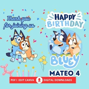 Puede incluir: Una plantilla de invitación de cumpleaños digital sobre un fondo azul claro con los perros de dibujos animados Bluey y Bingo. El texto incluye "Thank you for joining us", "HAPPY BIRTHDAY", "BLUEY" y "MATEO 4". Incluye confeti, globos y velas.