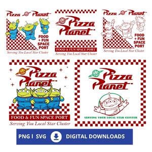Designs zu Pizza Planet und Toy Story für die individuelle Gestaltung von T-Shirts, Drucke, DTF-Dateien, 5 PNG-Dateien und 5 SVG-Dateien