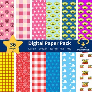36 Colorful Digital Papers Bundle Toys Story | 12x12 Seamless Patterns | Kids Birthday Digital Paper Printable Scrapbook Paper  3600x3600 px