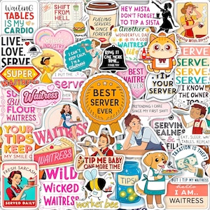 May include: A collection of colorful vinyl stickers featuring various illustrations and text related to restaurant service. Designs include cartoon characters, food items, and phrases like "Best Server Ever," "Waiting Tables Is My Cardio," and "Tip Me Baby."