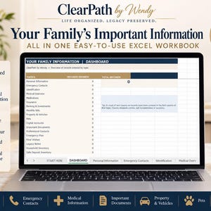 Puede incluir: Una pantalla de portátil muestra el panel de control del libro de trabajo de Excel ClearPath by Wendy para información familiar. La interfaz cuenta con 20 pestañas organizadas para rastrear registros esenciales, incluyendo datos médicos, financieros y domésticos, compatible con Microsoft Excel.