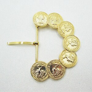 Vintage gold tone silver tone round circle coin belt 1960s Vintage Coin Chain Belt: Gold Tone Metal, Adjustable  main image 2