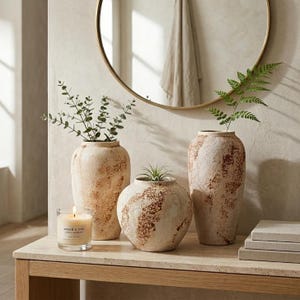 May include: Three ceramic vases with a textured, cream-coloured finish and mottled brown accents. Two vases are tall and cylindrical, while the centre vase is round and squat. Each contains a green plant, and a glass candle sits to the left.