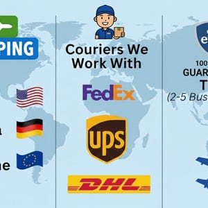 May include: A light blue world map graphic featuring text that reads FREE SHIPPING, Couriers We Work With, FedEx, UPS, DHL, and 100% ETSY GUARANTEED Time (2-5 Business Days). The image includes flags for the US, Canada, and the Eurozone, plus an airplane icon.