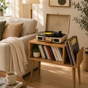 Mid-Century Modern Record Player Stand, Wooden Vinyl Storage Bookshelf Side Table