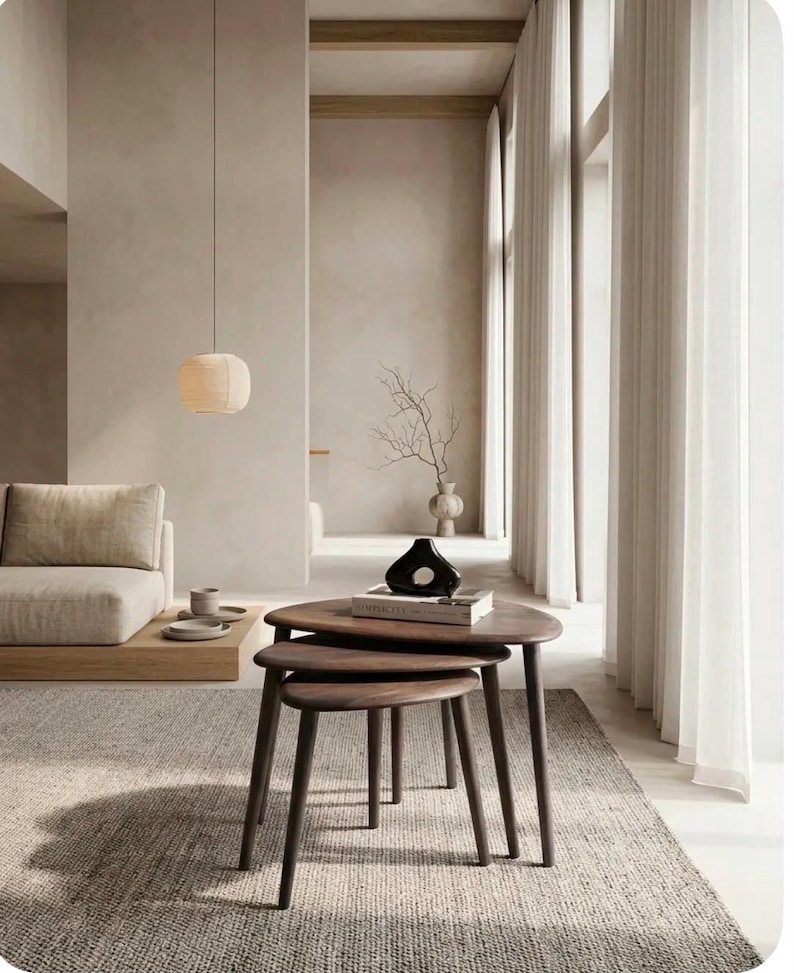 Solid Walnut Nesting Table Set, Mid Century Scandinavian Design, Living Room Accent Furniture image 5