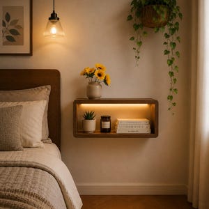 Op de afbeelding: Een rechthoekige, aan de muur gemonteerde zwevende houten plank met een geïntegreerde warme LED-lichtstrip. De plank bevat een kleine vetplant in een pot, een donkere glazen kaars en drie gestapelde witte boeken met zichtbare tekst.