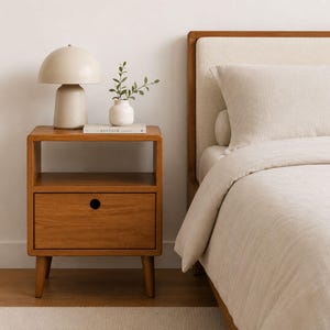 Peut inclure: Une table de chevet en bois avec une étagère ouverte et un tiroir unique doté d'une poignée découpée circulaire. Sur le dessus se trouvent une lampe beige en forme de champignon, un petit vase blanc avec des feuilles vertes et un livre.
