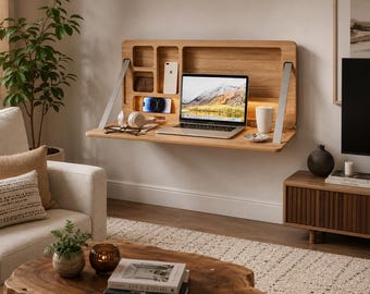 Wandmontierter, klappbarer Schreibtisch mit Stauraum – Schwebender Arbeitsplatz aus Holz für kleine Räume