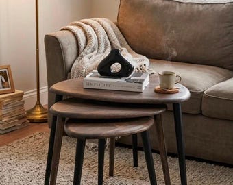 Solid Walnut Nesting Table Set, Mid Century Scandinavian Design, Living Room Accent Furniture