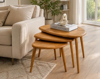Solid Oak Nesting Table Set, Mid-Century Modern Accent Furniture