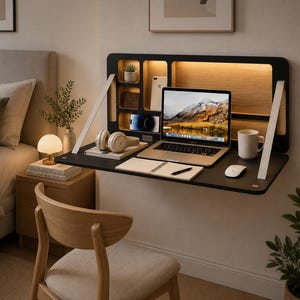 May include: A wall-mounted, fold-down black desk with a light wood interior and integrated warm LED lighting. The desk features multiple storage cubbies, a flat workspace surface, and two white support arms, holding a laptop, notebook, and mug.