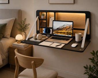 Wall Mounted Foldable Desk with Storage – Space Saving Wooden Workstation