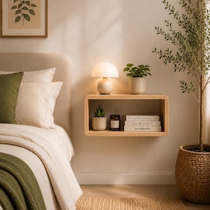 May include: A light-coloured wooden floating shelf with rounded corners mounted on a wall. The shelf holds a small potted succulent, a dark glass candle jar, and three stacked books titled Kinfolk, Live Beautiful, and Eat Drink Nap.