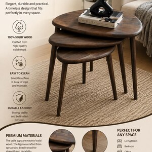 Solid Walnut Nesting Table Set, Mid Century Scandinavian Design, Living Room Accent Furniture image 2