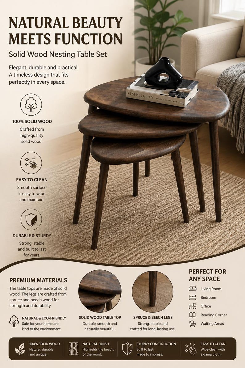 Solid Walnut Nesting Table Set, Mid Century Scandinavian Design, Living Room Accent Furniture image 2