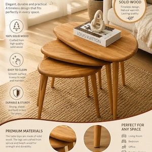 May include: A set of three light brown solid wood nesting tables with smooth, rounded triangular tops and tapered legs. The tables are stacked in a tiered arrangement, featuring a natural wood grain finish and a sturdy, stable construction.