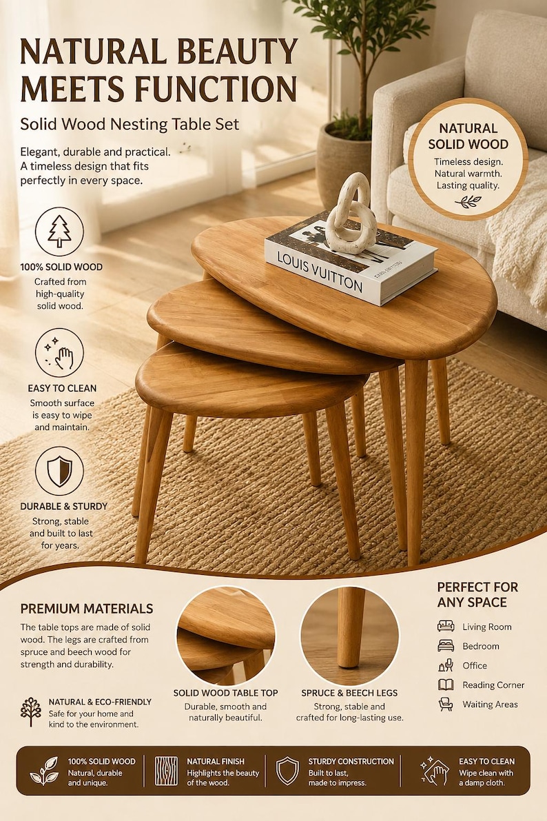 May include: A set of three light brown solid wood nesting tables with smooth, rounded triangular tops and tapered legs. The tables are stacked in a tiered arrangement, featuring a natural wood grain finish and a sturdy, stable construction.