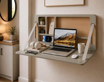 Wall Mounted Small Folding Desk with Storage – Space Saving Wooden Workstation