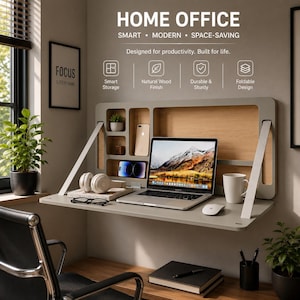 May include: A wall-mounted, foldable desk with a light gray frame and a natural wood back panel. It features integrated storage compartments, a laptop, a smartphone, headphones, a white mug, and a mouse. Text reads HOME OFFICE.