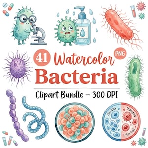 Pode incluir: Uma coleção digital de 41 imagens clipart de bactérias em aquarela com vários micróbios, um microscópio, desinfetante para as mãos e placas de Petri. O texto diz 41 Watercolor Bacteria PNG Clipart Bundle - 300 DPI, Healthy e Infected.