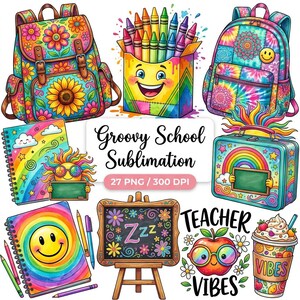 Può includere: Una collezione di grafiche a tema scolastico che include due zaini colorati, una scatola di pastelli con un volto, quaderni a spirale, un portapranzo, una lavagna su cavalletto e una mela con occhiali. Testo Groovy School Sublimation 27 PNG 300 DPI.