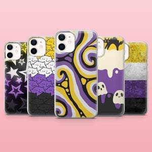 May include: Five clear smartphone cases featuring distinct designs: one with purple and white stars on black, one with stacked cat faces, one with yellow, purple, and white swirls, one with a black cat and ghosts, and one with a horizontal striped flag.
