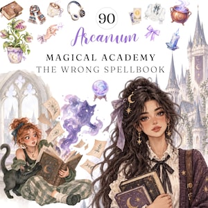 Puede incluir: Una ilustración digital con el texto 90 Arcanum MAGICAL ACADEMY THE WRONG SPELLBOOK, rodeado de iconos de un libro, bufanda, taza, auriculares, cartas del tarot, blusa, caldero, vela y lazo, con dos personajes y un castillo.