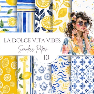 May include: A digital collection of 10 seamless patterns featuring watercolor illustrations of yellow lemons, green leaves, blue and white stripes, floral motifs, teapots, and teacups, with the text LA DOLCE VITA VIBES Seamless Pattern 10.