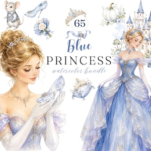 May include: A digital watercolor collection featuring a princess in a blue gown, a glass slipper, a mouse, a pumpkin, a castle, and tiaras. The text reads 65 Blue PRINCESS watercolor bundle. The illustrations are rendered in soft blue and gold tones.