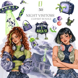 Op de afbeelding: Een digitaal clipart-pakket genaamd Night Visitors met twee jongeren met koptelefoons, een UFO die een koe straalt, een lavalamp, een handtas, een kauwgomballenautomaat met alienhoofden, een televisie, planeten en een Welcome to Area 51-bord.