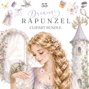 Puede incluir: Un conjunto de ilustraciones digitales titulado 55 Dreamy RAPUNZEL CLIPART BUNDLE que presenta un personaje rubio con cabello trenzado adornado con pequeñas flores, un camaleón verde, una torre de piedra, un vestido, una corona, un espejo y elementos florales.