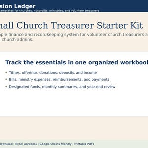May include: A digital finance and recordkeeping system titled Mission Ledger Small Church Treasurer Starter Kit. The text outlines tracking tithes, offerings, donations, deposits, income, bills, ministry expenses, reimbursements, payments, designated funds, monthly summaries, and year-end review.