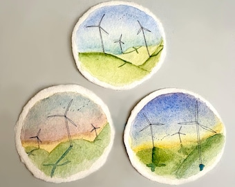 Small Watercolor Paintings (circular) - Windmills