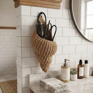 Handmade Crochet Seashell Wall Basket, Boho Cotton Rope Storage Organizer
