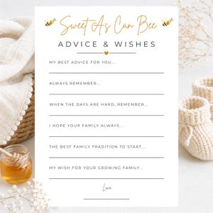 May include: A white advice and wishes card featuring gold bee illustrations and the text Sweet As Can Bee ADVICE & WISHES. The card includes prompts such as My Best Advice For You, Always Remember, and My Wish For Your Growing Family.