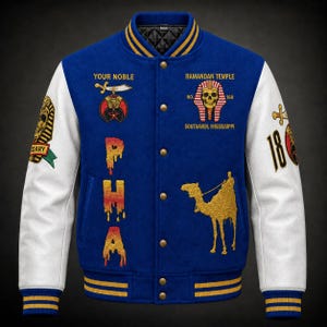 May include: A blue and white varsity jacket featuring gold embroidery. The front displays the text YOUR NOBLE RAMANDAN TEMPLE NO. 169 SOUTHAVEN, MISSISSIPPI, a camel graphic, and the letters PHA in a dripping font. Sleeves feature skull and sword patches.