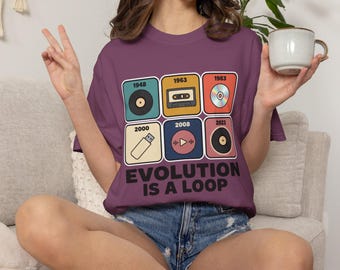 Evolution Is a Loop retro music icons T-Shirt | vinyl cassette CD record design