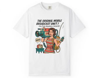Retro TV Camera Woman T-Shirt, 60s Broadcast Parody Tee, Vintage Tech Humor Shirt