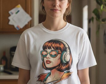 Retro Pop Art T-Shirt, Sunset City Music Girl Tee, Synthwave Headphones Shirt